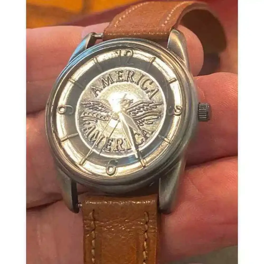 Unisex 34mm Gun Metal Tone Amrica Watch, Raised Pattern Face
